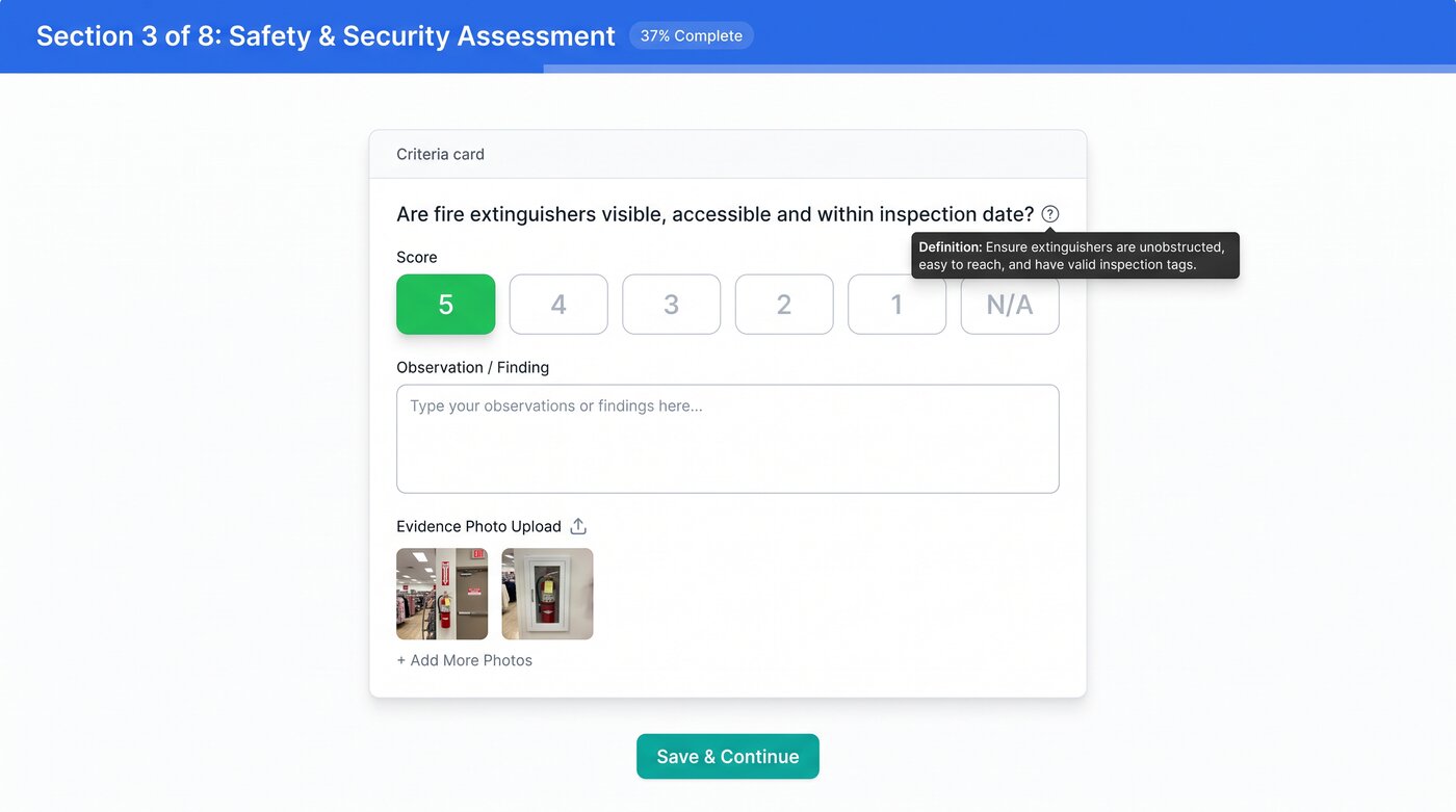 Locuvera assessment scoring interface with rubric criteria, score buttons, and evidence upload